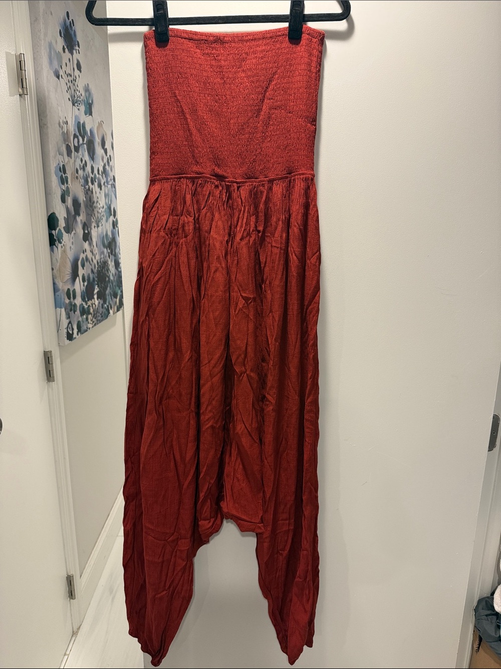 HALARA Rust Red Strapless Smocked Jumpsuit